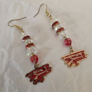 Red and Gold Aviation Biplane Charm Dangle Earrings Fun Fashion
